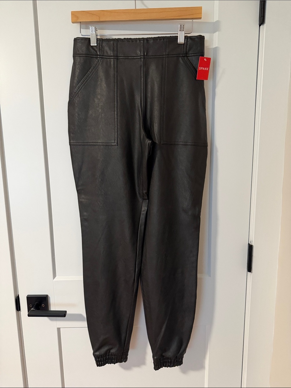 Women’s SPANX Black Faux-Leather Joggers with Patch Pockets